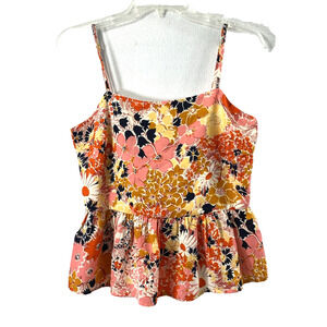 Lush Top Women Small Artsy Floral Ruffle Bottom Open Tie Back Summer Blouse‎